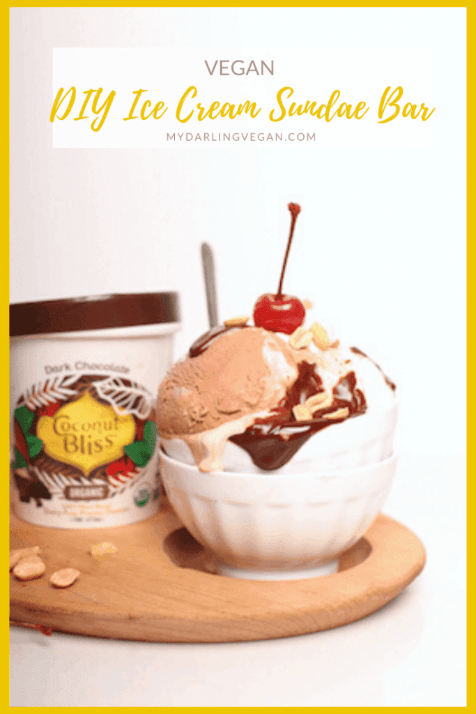 Make your own Vegan Ice Cream Sundae Bar at home. Recipes for chocolate ganache, coconut caramel sauce, and coconut whipped cream!