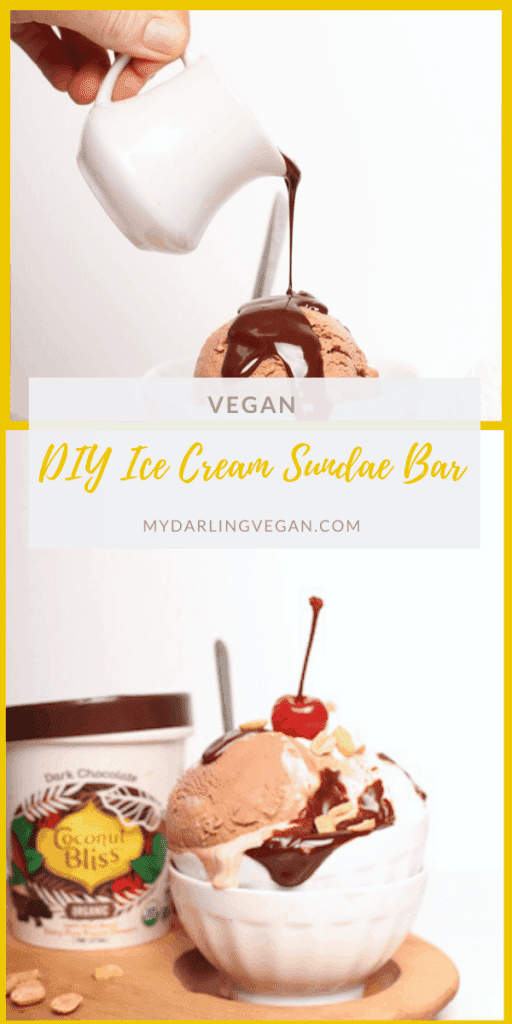 Make your own Vegan Ice Cream Sundae Bar at home. Recipes for chocolate ganache, coconut caramel sauce, and coconut whipped cream!
