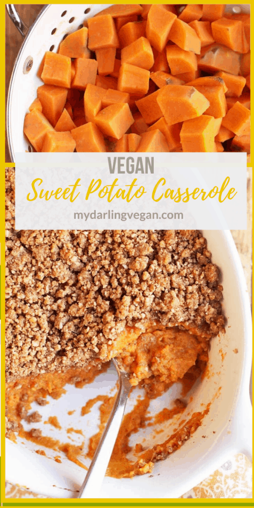 Enjoy a classic favorite this Thanksgiving with this Vegan Sweet Potato Casserole topped with a sweet and crunchy pecan crust. It's a fan favorite that should be at your holiday table! 