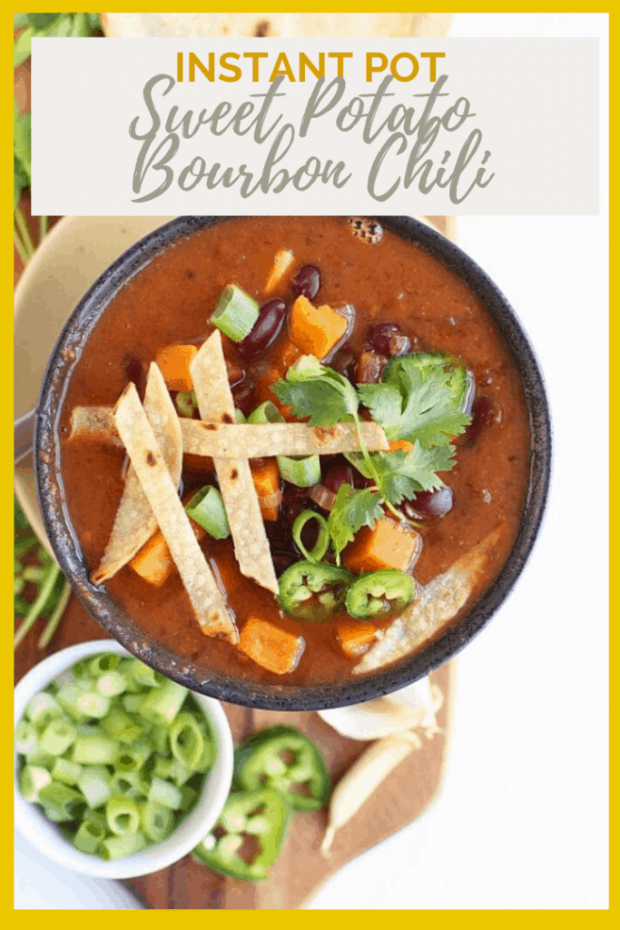 It's a sweet and spicy soup with a kick! This Maple Bourbon Sweet Potato Instant Pot Chili is the perfect autumnal vegan and gluten-free family meal.