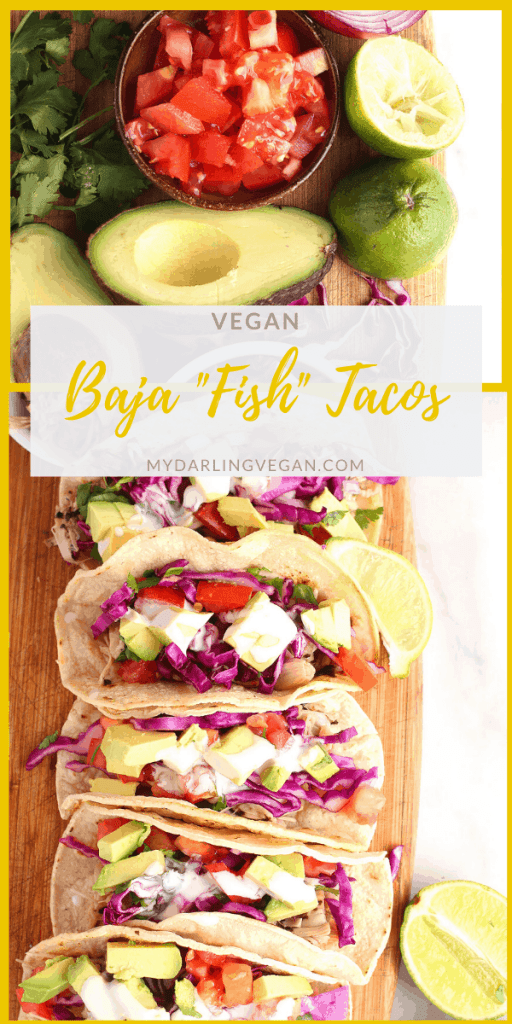 Lighten up with these incredible vegan fish tacos. Made with fish-flavored jackfruit, cilantro cabbage slaw, fresh avocado, and creamy white sauce these tacos are something to get excited about! Made in just 20 minutes for an easy and delicious vegan meal.
