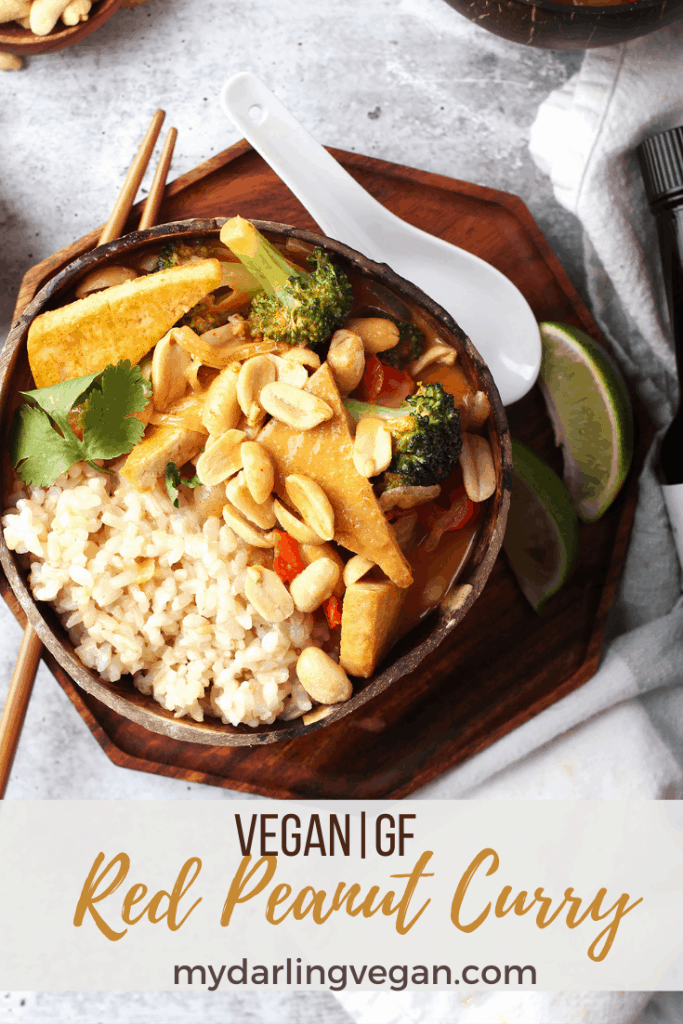 This Thai Red Curry is made with crispy tofu and sautéd red peppers and broccoli cooked in a creamy peanut red curry sauce. Serve it over rice or rice noodles for an easy vegan and gluten-free meal.
