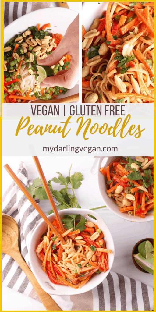 This simple recipe for vegan Peanut Noodles is ready for munching in less than 30 minutes. Talk about a weeknight dinner dream come true! Part noodle bowl and part salad, this crunchy, crisp and refreshing make ahead meal is a perfect salve for weary tastebuds. Instructions included for both gluten free and nut free versions in the post.
