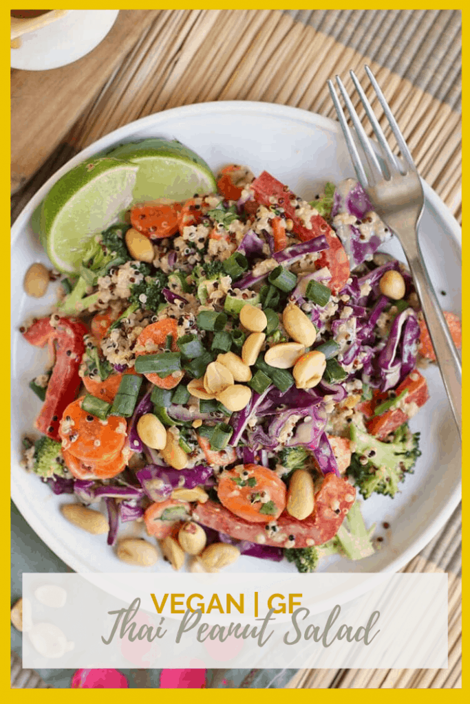 You're going to love this Thai Quinoa Salad! It is made with tri-color quinoa, fresh vegetables, and spicy peanut sauce for a delicious and healthy vegan and gluten-free meal.