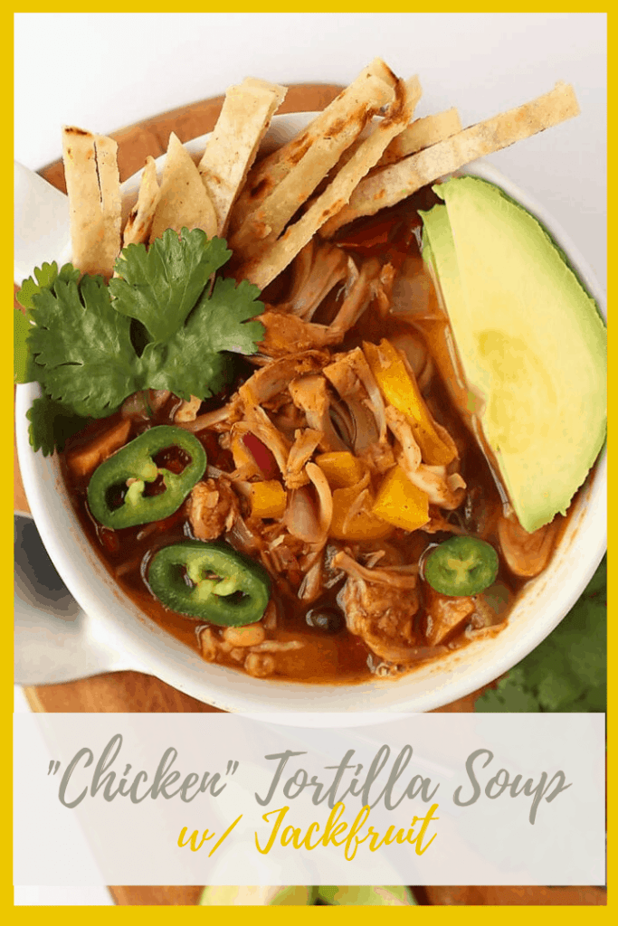 This vegan Tortilla Soup is made with seasoned jackfruit, black beans, corn, and crispy corn tortillas for an easy and delicious soup that can be made in just 30 minutes.