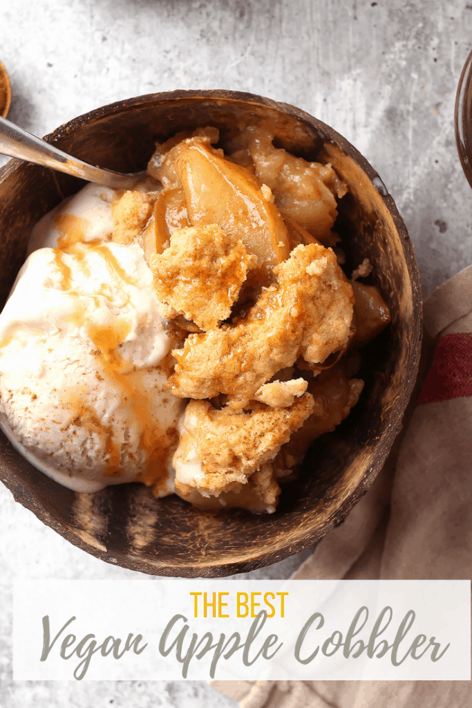 Made with tart green apples and swirled with sweet caramel sauce, this sweet and tart vegan apple cobbler celebrates the flavors of fall. It's a classic vegan dessert perfect for this time of year