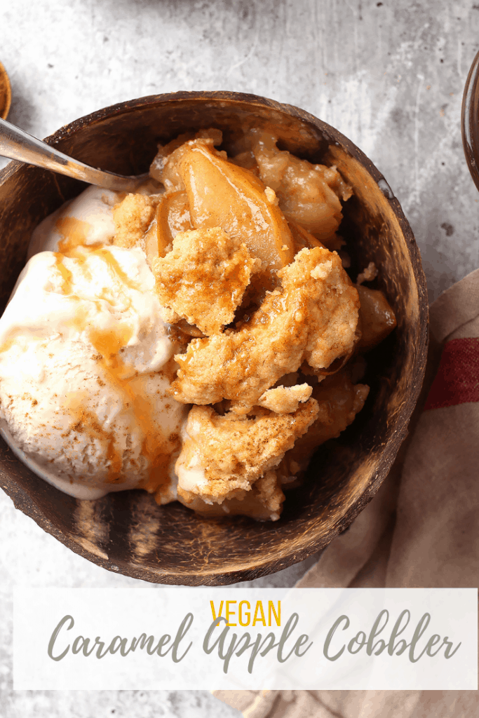 Made with tart green apples and swirled with sweet caramel sauce, this sweet and tart vegan apple cobbler celebrates the flavors of fall. It's a classic vegan dessert perfect for this time of year