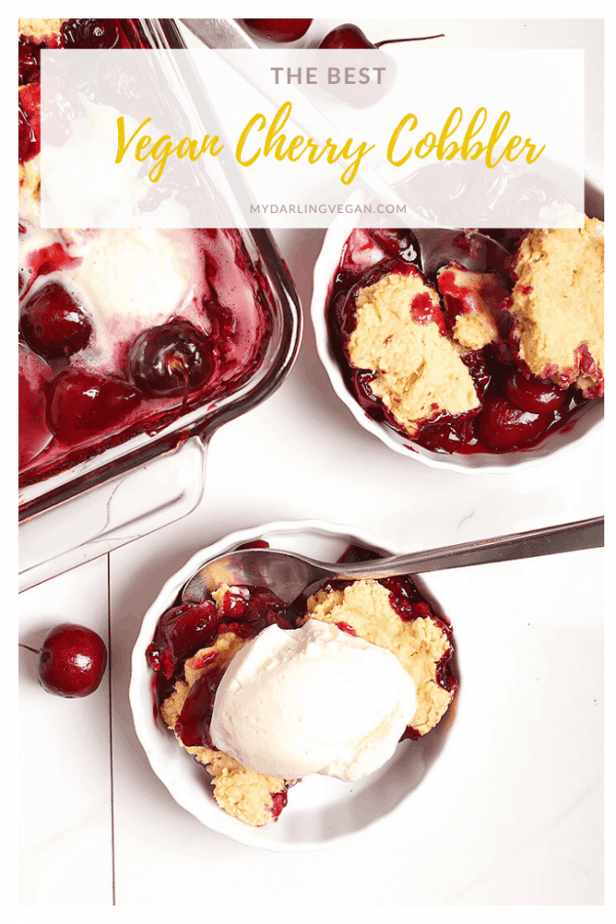 You're going to love this vegan cherry cobbler. It's a sweet and tart cherry pie filling topped with buttery biscuits and baked to perfection. Serve with non-dairy vanilla ice cream for the perfect summer dessert.
