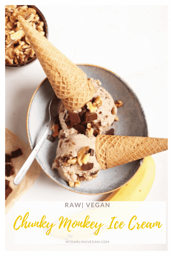 Everyone's favorite ice cream turned vegan! This Raw Chunky Monkey Ice Cream is made from a banana base and filled with raw chocolate pieces and walnuts for a delicious and wholesome plant-based dessert.