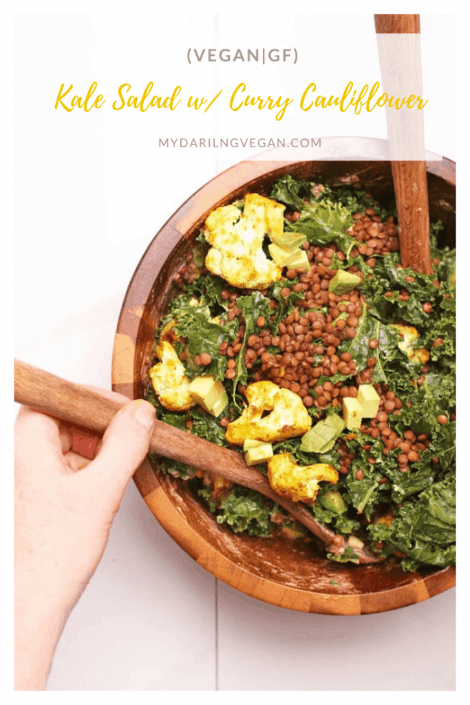Enjoy the vibrant flavors of curried cauliflower, sea salt massaged kale, and lemon tahini dressing in this warm kale salad. A hearty, vegan, and gluten-free entree salad that you will absolutely love.