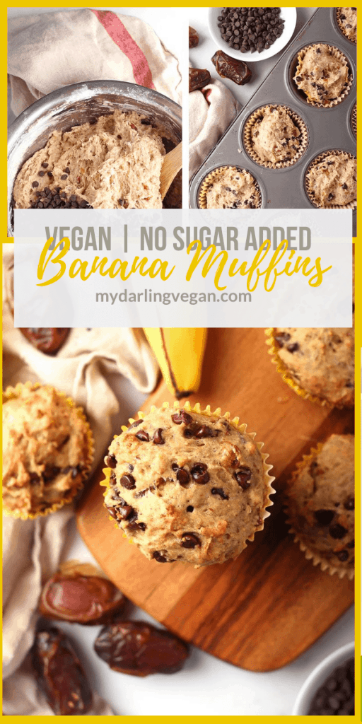 These healthy vegan banana muffins are sweetened naturally with dates and bananas for a delicious, moist, and healthy morning or midday sweet bread.