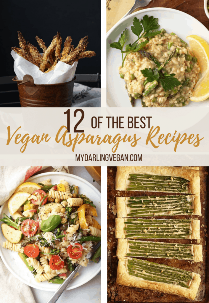 A collage of 4 different vegan asparagus recipes