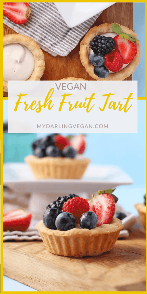 A vegan fruit tart made with a buttery, melt-in-your-mouth shortbread crust, filled with a sweet cream cheese, and topped with glazed berries for the perfect springtime treat. Bring this refreshing dessert to your next garden party or wedding shower. 