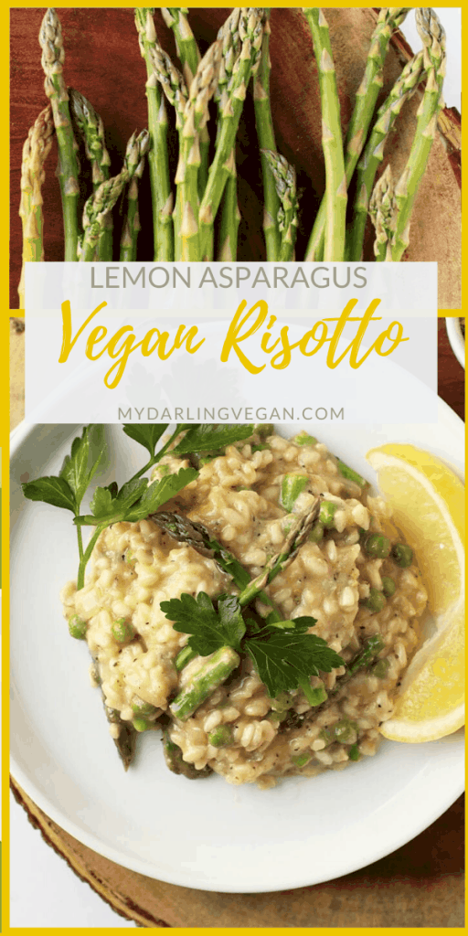 Rich and creamy vegan risotto! You're going to love this light and refreshing meal made with asparagus and peas to celebrates the vegetables of spring. Vegan and gluten-free!