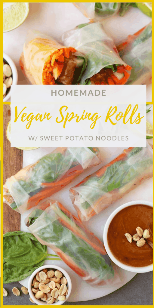 Vietnamese-style vegan spring rolls made with sweet potato noodles and ginger peanut tempeh for a light and refreshing plant-based gluten-free meal. Made in just 20 minutes!