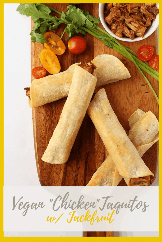 You're going to love these vegan taquitos! They are soft corn tortillas filled with seasoned jackfruit and salsa verde. So good! Dip them in a Southwest Ranch Dressing for a delicious Cinco de Mayo snack.