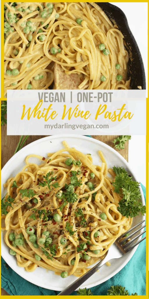 Make dinner quick and easy with this delicious 30 minute, one-pot, vegan Garlic White Wine Pasta. It is topped with fresh parsley, peas, and red pepper flakes for a complete meal.