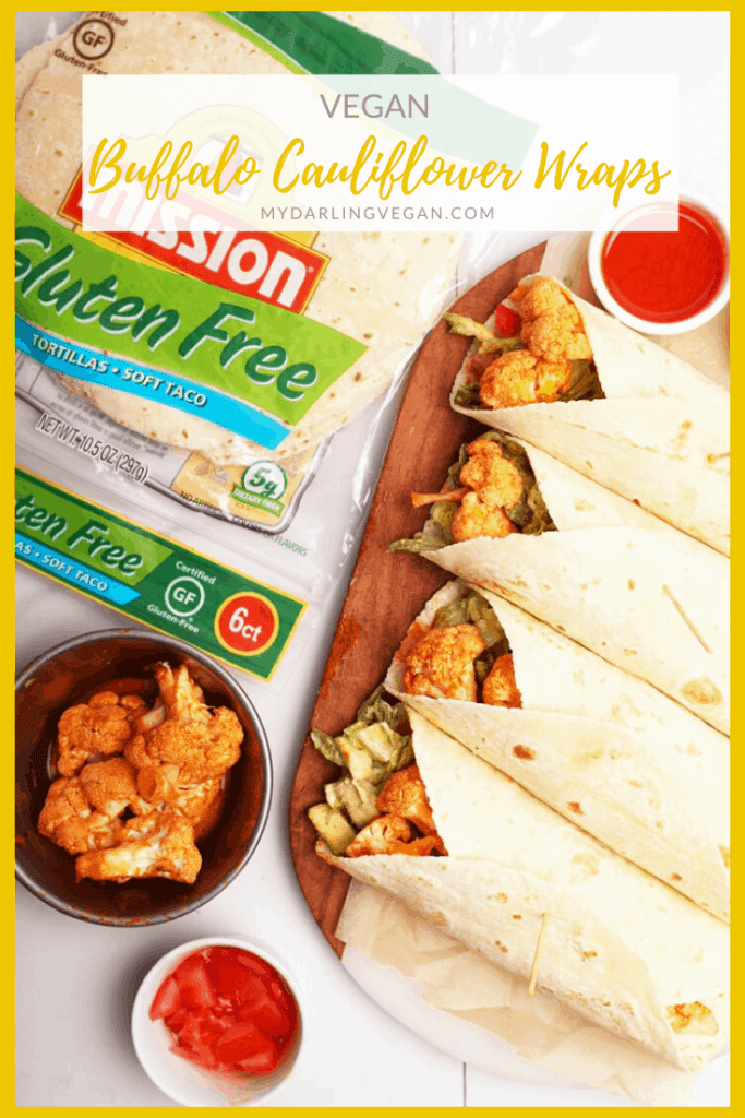 Enjoy these Buffalo Cauliflower Wraps made with Mission Gluten Free Tortillas for a plant-based meal that everyone will love. Oven-roasted cauliflower covered in homemade Buffalo Sauce combined with a Romaine and avocado salad and fresh cherry tomatoes.